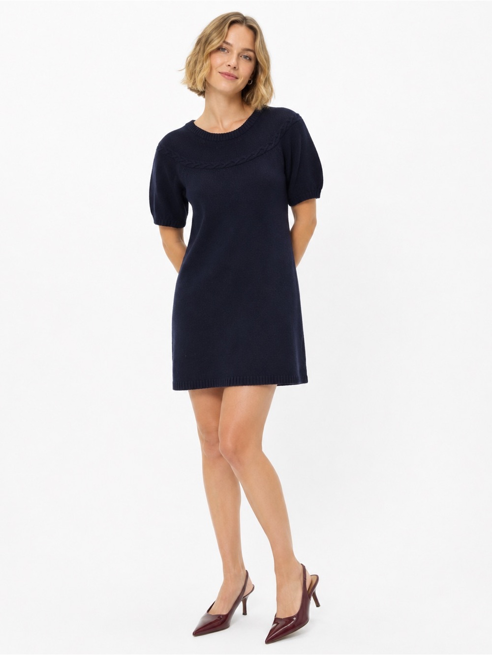 BCBGMAXAZRIA Navy Blue 100% Wool Cable Knit Puff Sleeve Mini Dress Sz Small